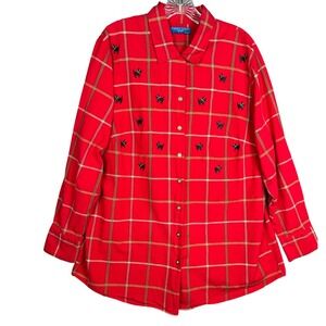 Karen Scott Women Red Plaid Embroidered Scottie Dog Button Up Shirt 1X Preppy